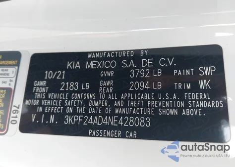2022 Kia Forte Lxs from USA, damaged, VIN 3KPF24AD4NE428083